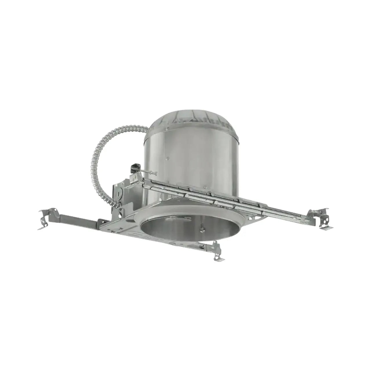 The Go Build 6 in. Aluminum New Construction IC Rated Recessed Can Airtight Housing features an open-bottom cylindrical design, flexible conduit, and adjustable mounting bars for easy ceiling installation.